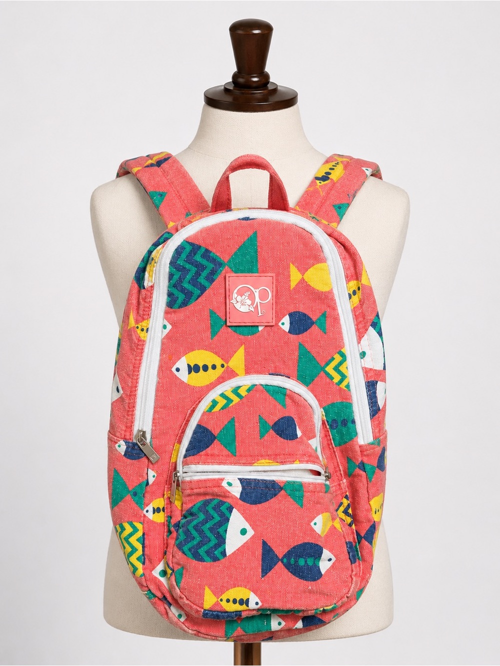 Vintage OP Ocean Pacific Kids Backpack Pink Fish Print Canvas School Bag
